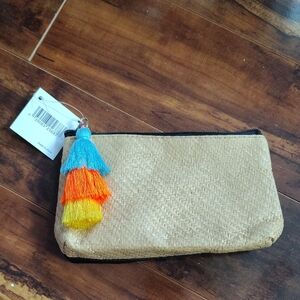 New Nordstrom Straw Raffia Woven cosmetic bag purse Black Zip Pouch